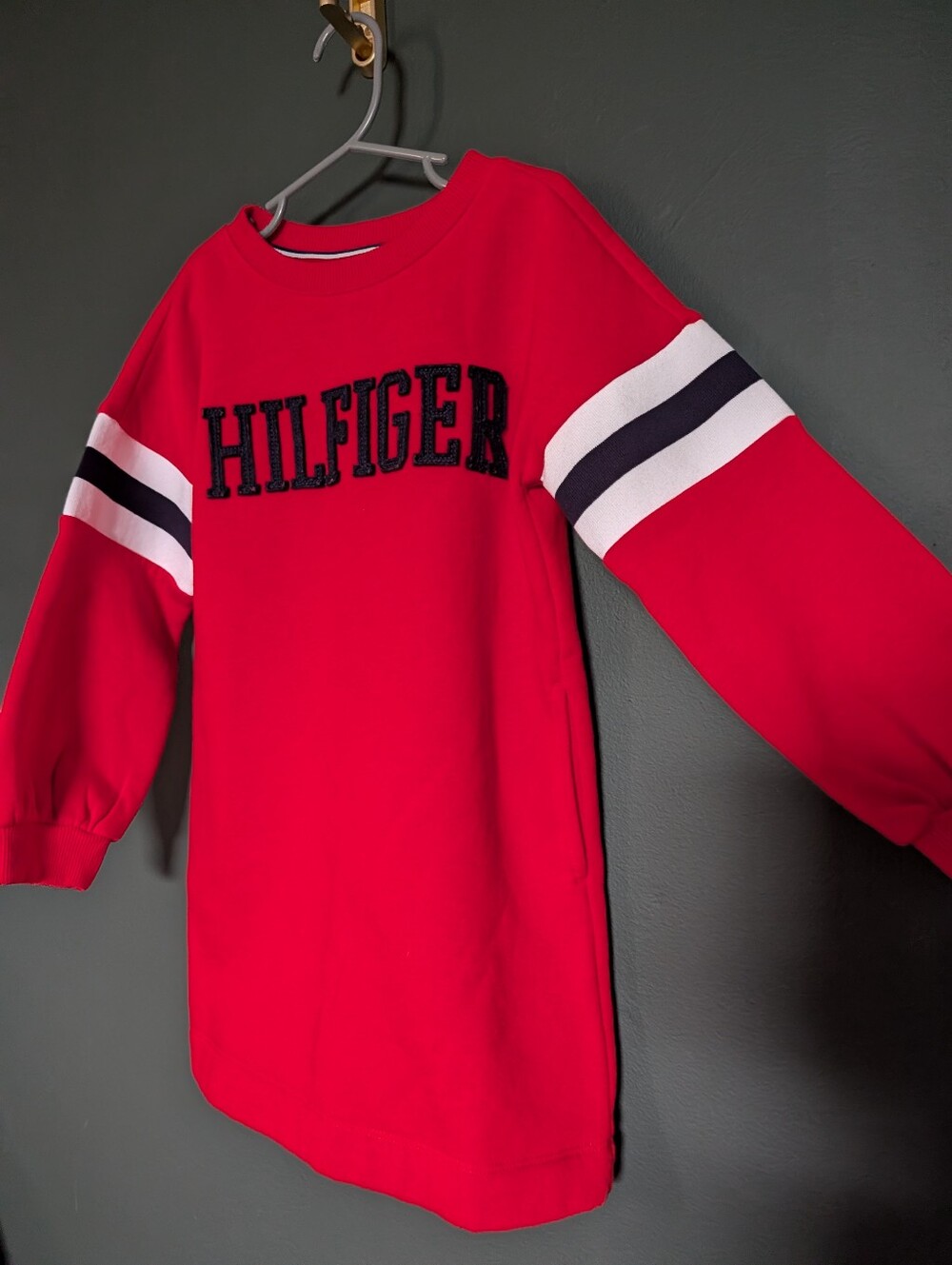 Tommy Hilfiger Girls Red Crewneck Dress with Black & White Sleeve Stripes